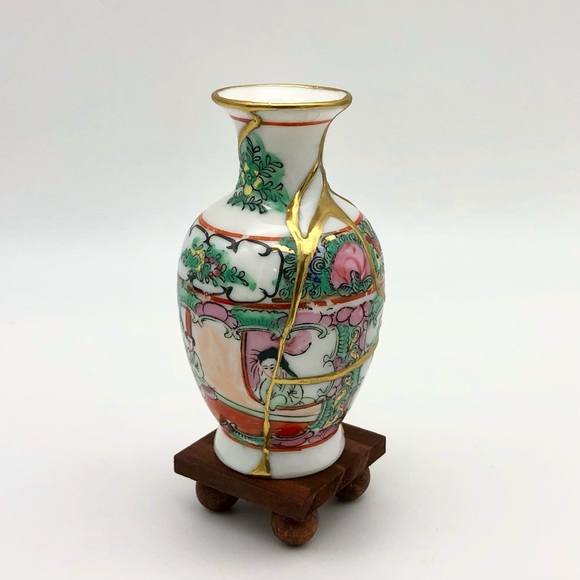 Chinese Famile Rose Kintsugi Vase Vintage Marked Gold Crack Japanese Growth Gift - Picture 11 of 14